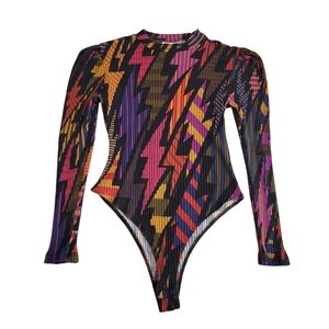 Farm Rio Black Lightning Bodysuit Top Sz M Mock Neck Festival Art-To-Wear Boho